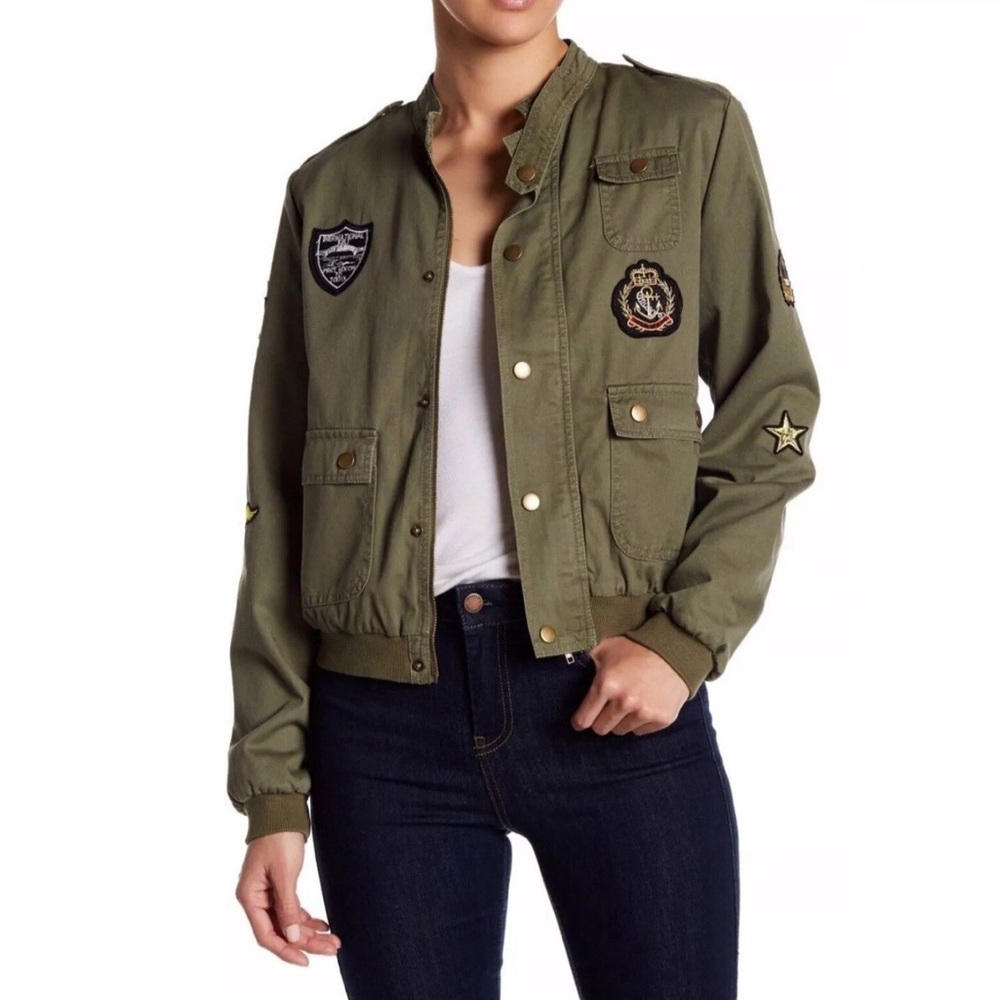 NEW Romeo & Juliet Couture Olive Green Patches Bomber Army Jacket MEDIUM Utility